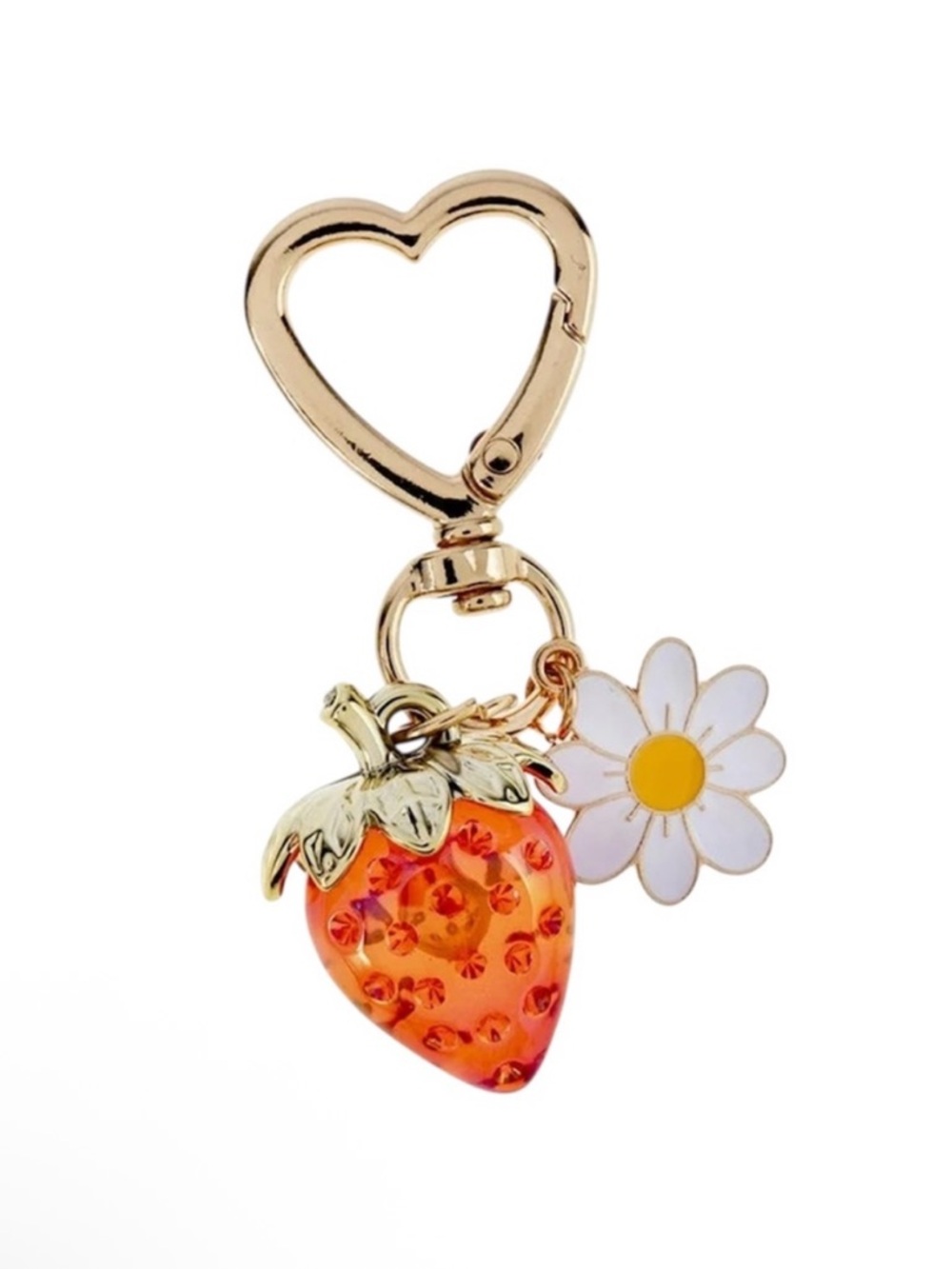 Gold Heart Keyring with Pink Strawberry & White Daisy & Bee Bag Charm